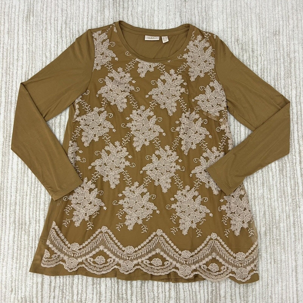 Logo Lavish Lori Goldstein Tunic Top Mustard‎ Lace Embroidered Floral Overlay XS